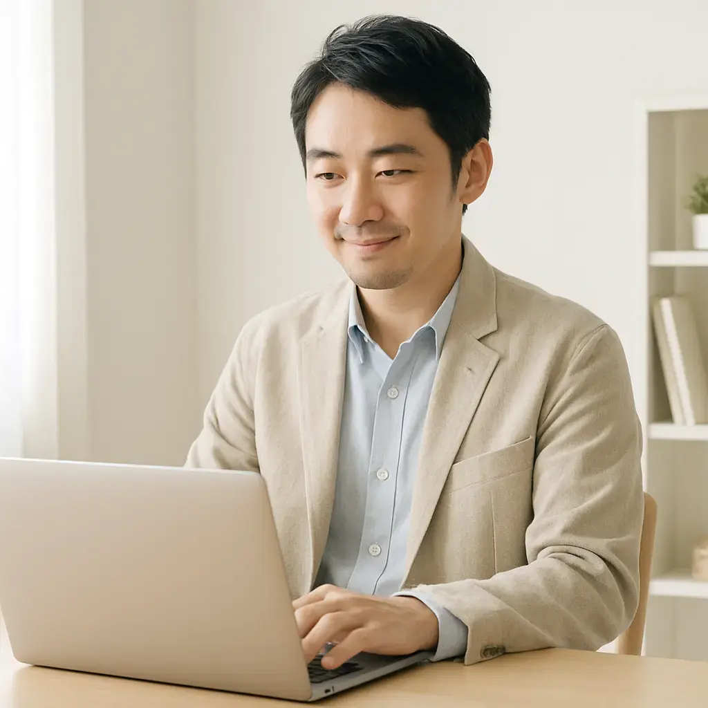 落ち着いた表情でノートPCに向かい、副業作業に集中している人