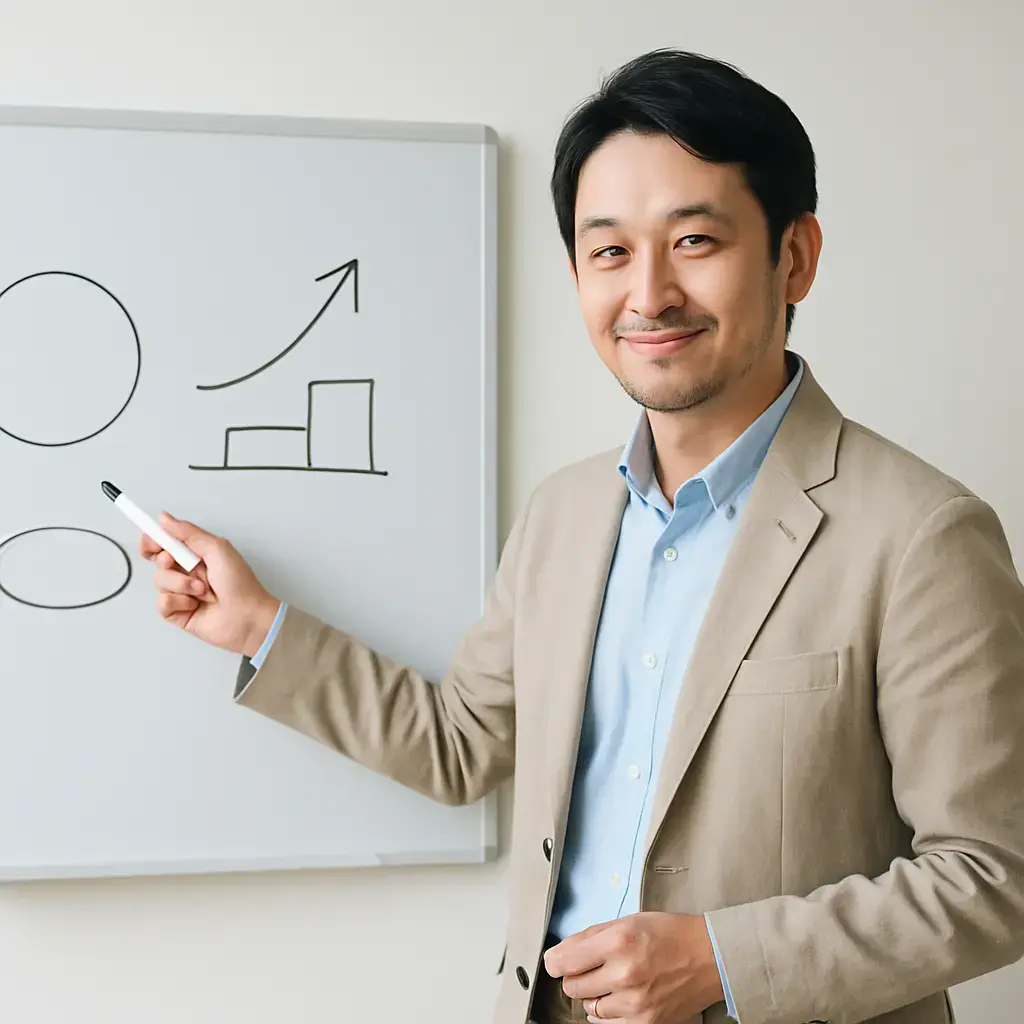 ホワイトボードを使ってオンライン講座の内容を説明する講師