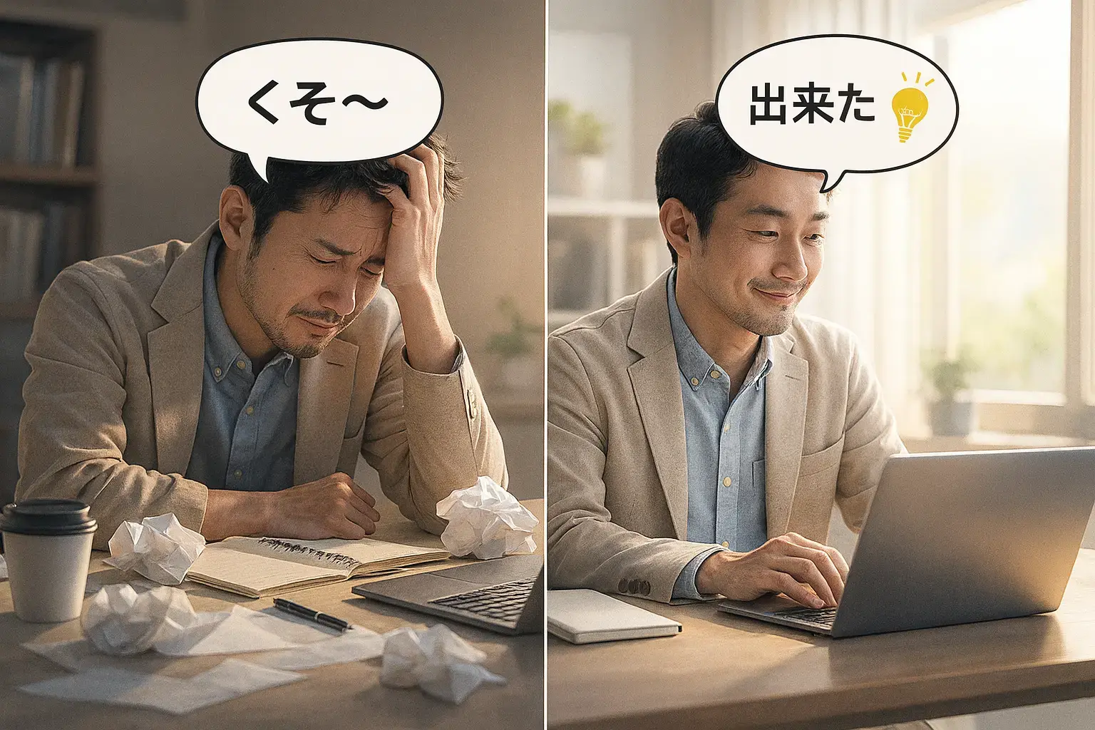 挫折していた頃と、今前向きに進み始めた現在を対比させたイメージ