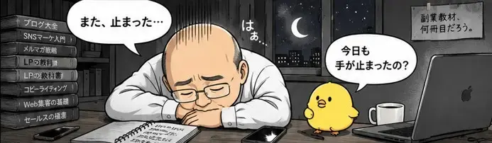 深夜の部屋で副業に行き詰まる過去のT-たかし