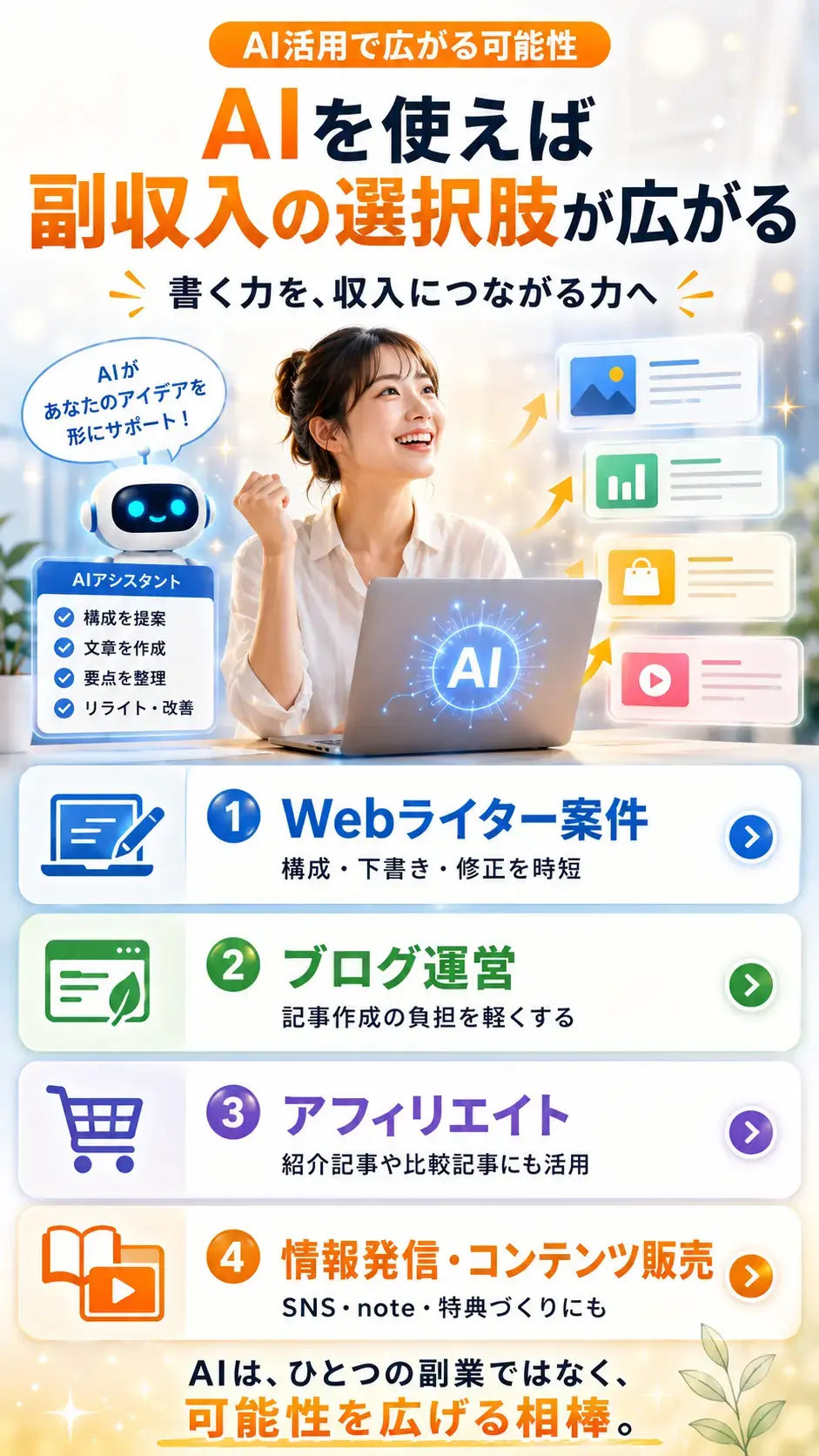 AIを使えば副収入につながるビジネスの幅が広がるイメージ